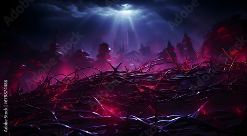 Barbed wire shines with a menacing red glow, creating a surreal digital boundary. photo