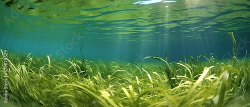 Underwater view of a group of seabed with green seagrass