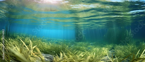 Underwater view of a group of seabed with green seagrass photo
