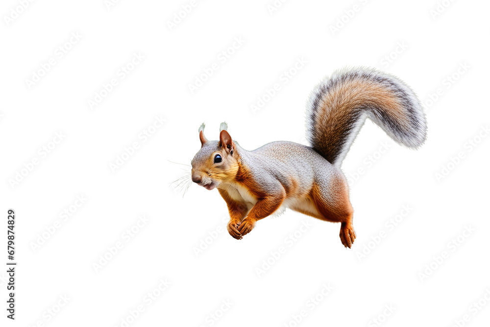 a high quality stock photograph of a single cute happy squirrel jumping in the air isolated on a white background a high quality stock photograph of a single cute happy squirrel jumping in the air isolated on a white background