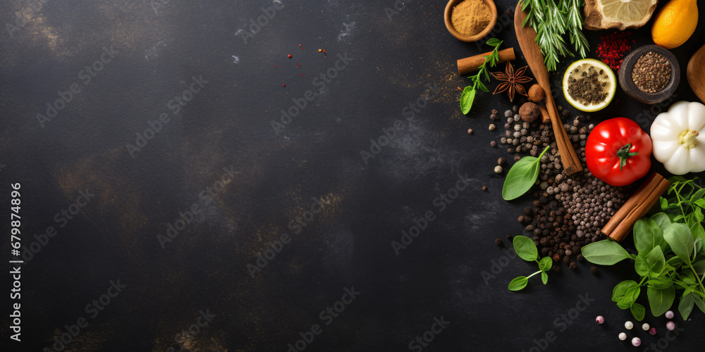 Black stone cooking background. Spices and vegetables. Top view. Free space for your text. - obrazy, fototapety, plakaty 