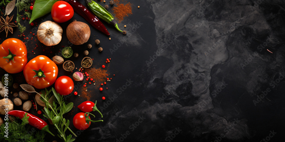 Obraz na płótnie Black stone cooking background. Spices and vegetables. Top view. Free space for your text. w salonie