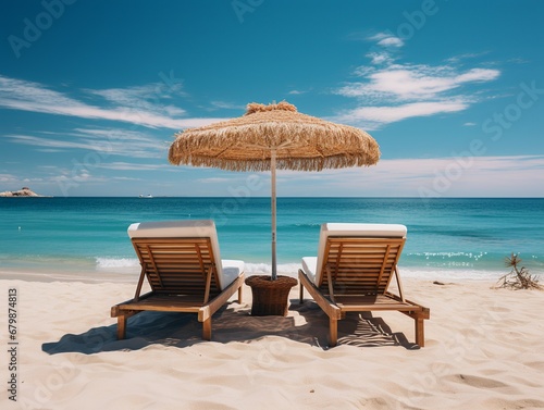 Pair of lounge chairs on the beach.