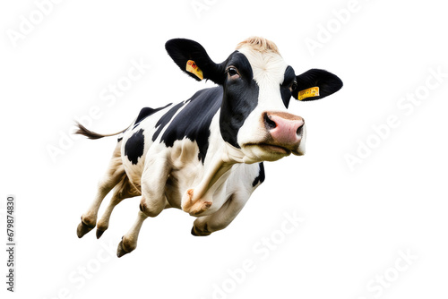 a high quality stock photograph of a single flying satisfied happy cow isolated on a white background photo