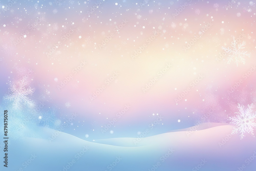 Pastel winter sky with snowflakes. Blue light color gradient. Fantasy soft blurred wallpaper. Vector Christmas landscape.