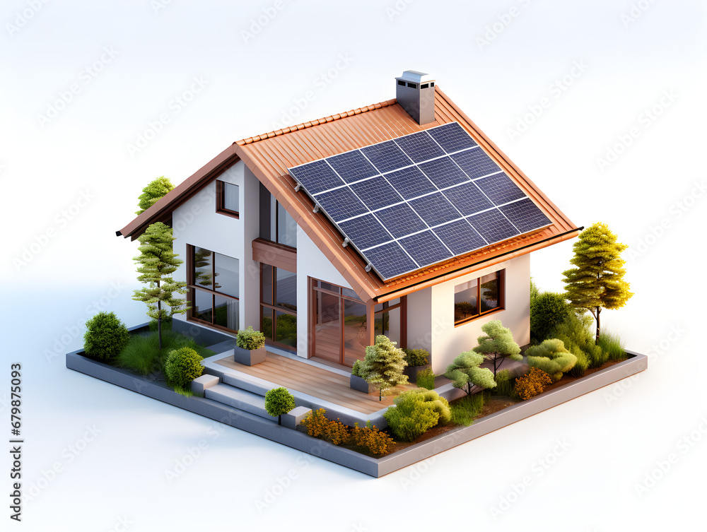 Isometric 3D model of a small modern house roof has solar panels. white background. Isometric 3D model of a small modern house roof has solar panels. white background.