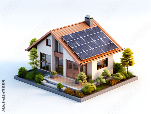 Isometric 3D model of a small modern house roof has solar panels. white background. © kitti