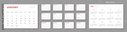 Set of Monthly page Calendar Planner Template 2024 and annual calendar of 2025. Vector layout of a wall or desk calendar with week start Monday. Pages for size A4. Isolated Calendar grid for print