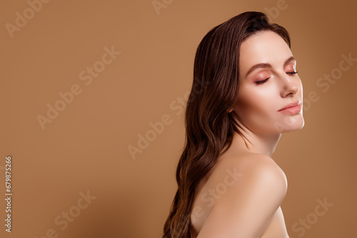 Photo of chic lady enjoying new beauty body skin care product applying isolated pastel color background