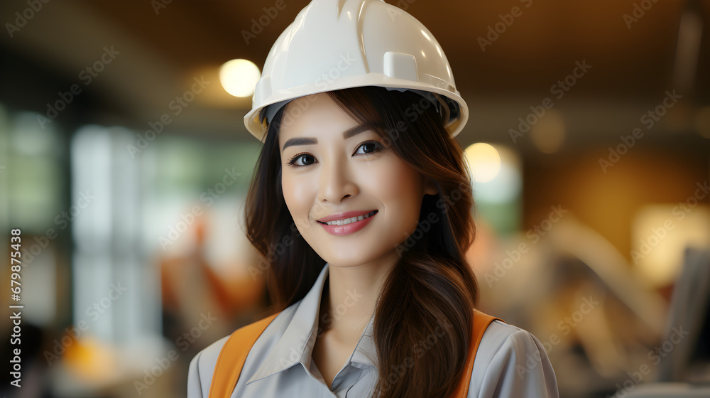 Engineer asian woman at construction site wearing safety helmet Confident engineer looking at camera Engineer asian woman at construction site wearing safety helmet Confident engineer looking at camera