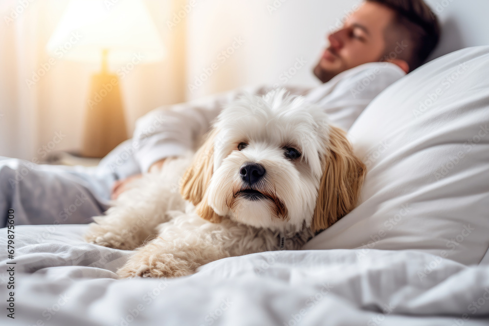 Young man and dog sleeping together in white bed at home Young man and dog sleeping together in white bed at home