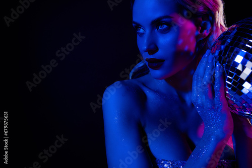Close up photo of classy girlfriend look empty space dj on futuristic private vip party over neon background