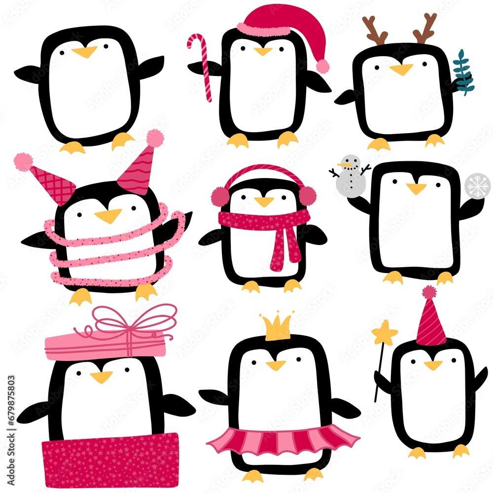 Obraz premium Cartoon penguin set Christmas animals for wrapping paper and fabrics and linens and kids clothes