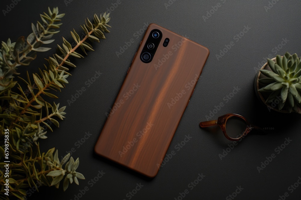 chic smartphone with a wooden finish on a textured black background with a succulent and glasses chic smartphone with a wooden finish on a textured black background with a succulent and glasses