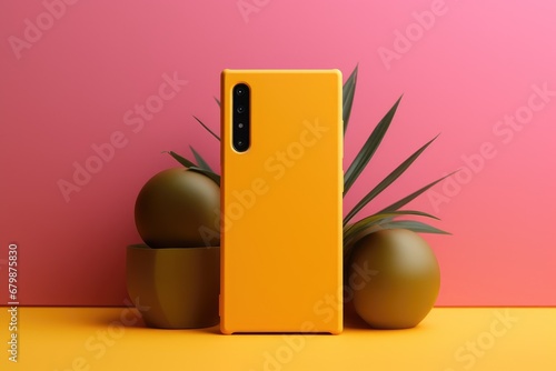 bright yellow smartphone with a silicone case on a dual-tone pink and yellow background with decorative spheres photo