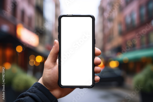 close up hand holding smartphone with a blank screen framed against a vibrant city street with blurred bokeh lights