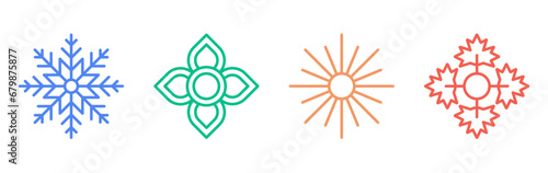 Four season concept (winter, spring, summer, autumn) vector icon set.  Fully editable logo design of snow, flower, sun, leaf in line art style.   photo