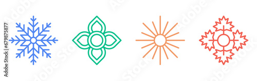 Four season concept (winter, spring, summer, autumn) vector icon set.  Fully editable logo design of snow, flower, sun, leaf in line art style.  