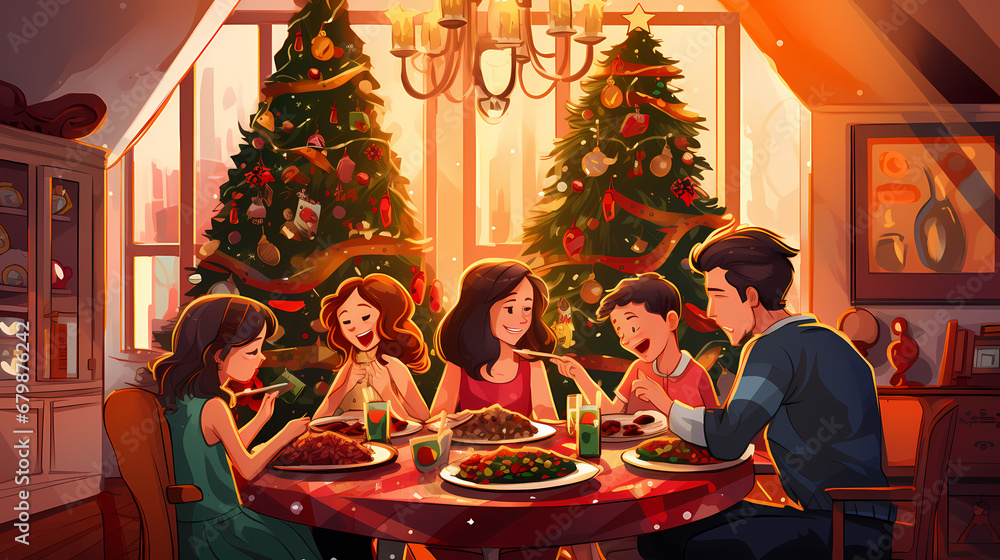 Happy family celebrate christmas gathering together at decorated table for holiday dinner Happy family celebrate christmas gathering together at decorated table for holiday dinner