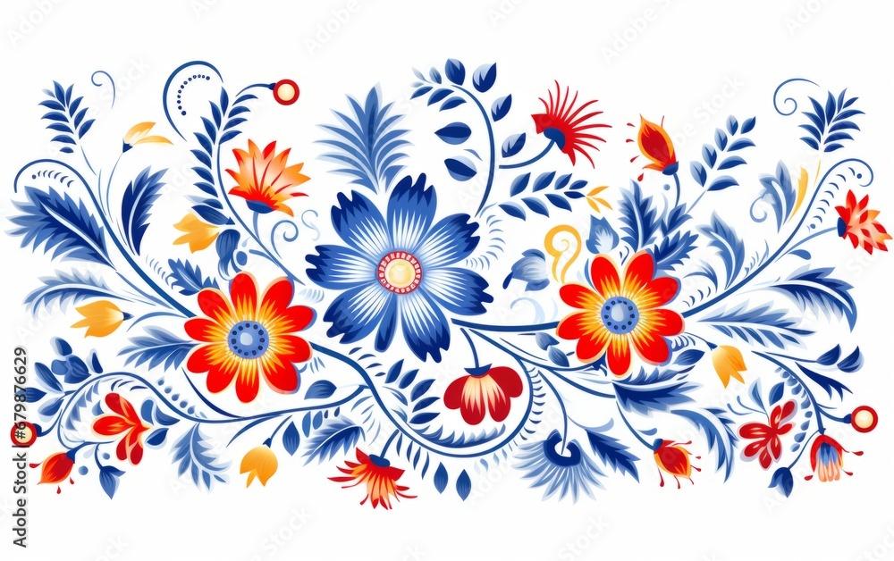 Vivid Slavic Floral Pattern Featuring Folklore Decorative Elements - obrazy, fototapety, plakaty 