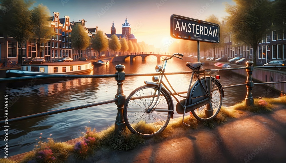 Old vintage bicycle leaning on fence by canal at Amsterdam city, wallpaper, background, travel concept - obrazy, fototapety, plakaty 