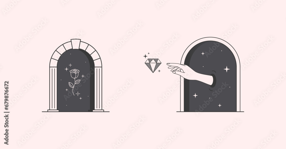 Vector mystic logo design templates with portals,magic flower,stars,hand reaches for a gem.Surreal abstract illustrations in trendy minimal outline style.Magical emblems.Branding design templates.