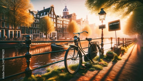 Old vintage bicycle leaning on fence by canal at Amsterdam city, wallpaper, background, travel concept © Karlo
