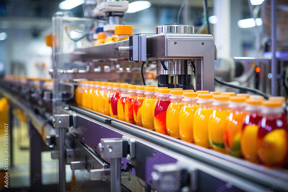 Drink factory production line fruit juice beverage product - obrazy, fototapety, plakaty 