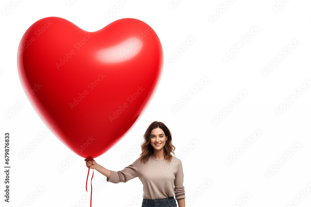 young girl smiling with a giant red heart balloon in her hand on white background young girl smiling with a giant red heart balloon in her hand on white background