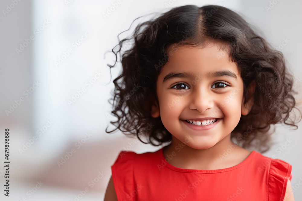 little girl with hindu features smiling looking at the camera wearing a red shirt little girl with hindu features smiling looking at the camera wearing a red shirt