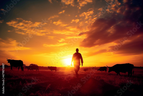 sunset with the silhouette of a man herding cows in the field photo