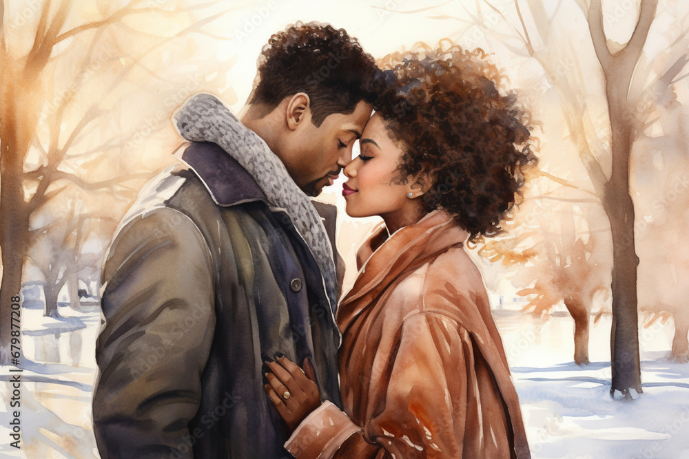 portrait of young African-American couple gently kissing in park, embodiment of love and romance,watercolor illustration