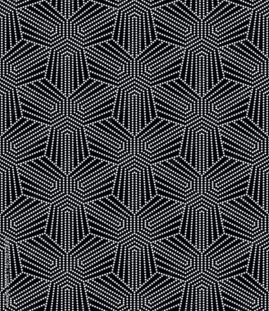 Geometric composition with concentric black hexagons outlined with white dotted lines. Abstract background. Modern and elegant striped texture. Seamless repeating pattern. Vector illustration.
