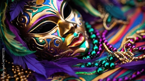 Mardi Gras Venetian masks in golden purple green colors background. Festive colorful Carnival Mardi Gras masquerade mask design for banner  greeting card  prints  poster  party invitation  flyer..