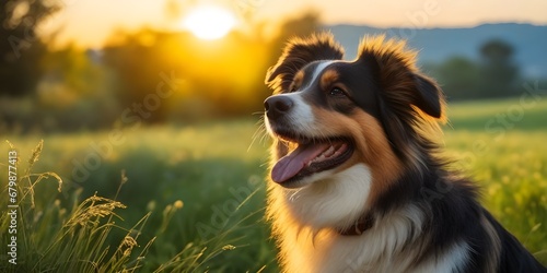 perro sonriendo en un prado verde al aire libre y un hermoso atardecer, copyspace photo