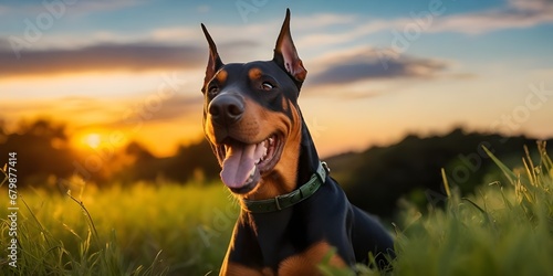 perro labrador de orejas largas con collar sonriendo y viendo a la camara en un prado verde al aire libre y un hermoso atardecer, copyspace photo