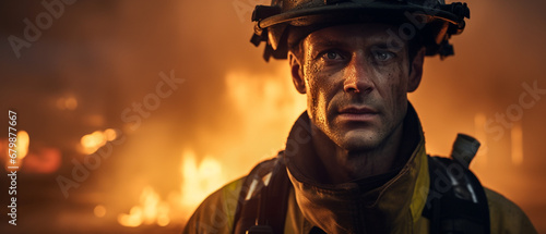 Angry firefighter. Fire background.