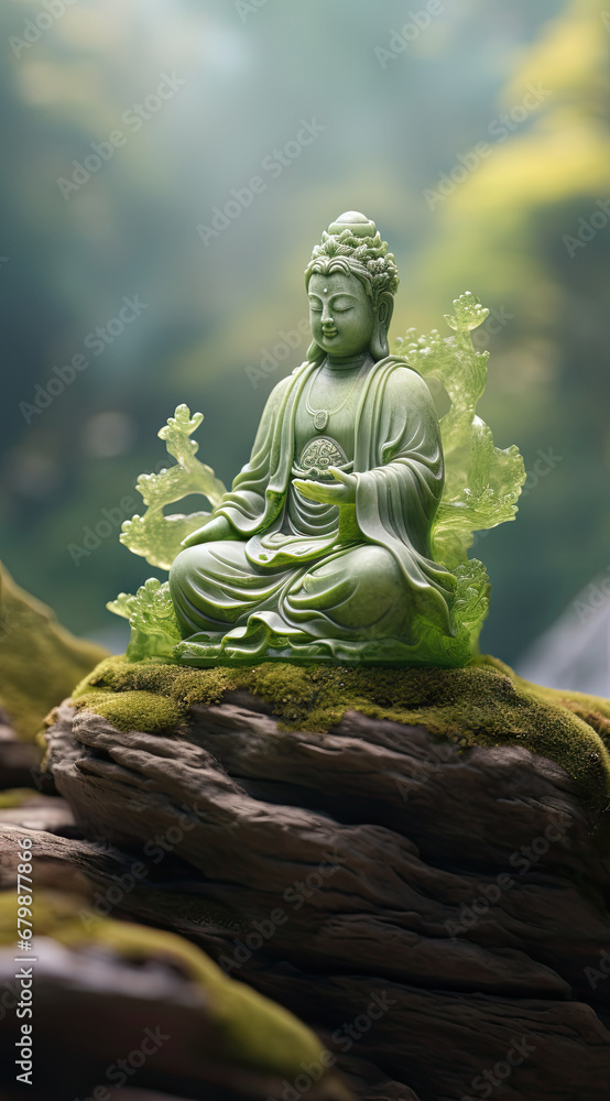 A green jade statue sitting on top of a rock