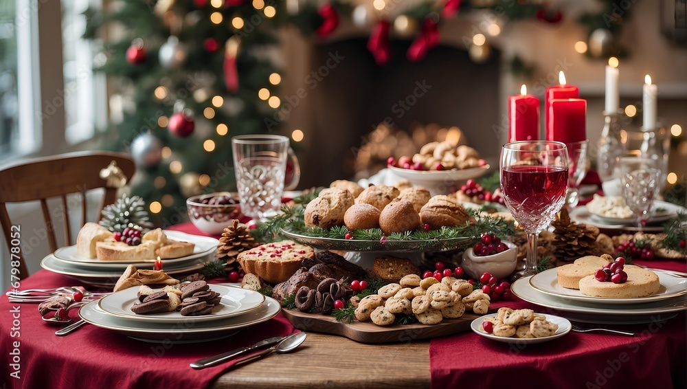 A festive table set for a Christmas feast, complete with holiday decorations and delicious treats. Generative AI