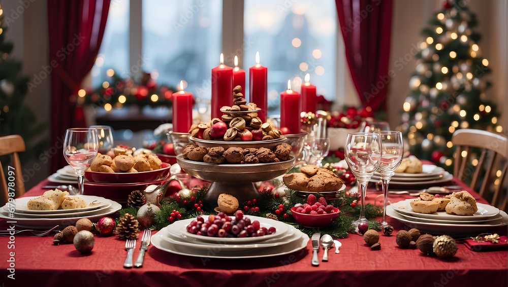 A festive table set for a Christmas feast, complete with holiday decorations and delicious treats. Generative AI