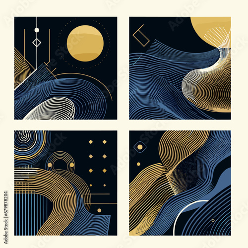 set of abstract backgrounds,Gilded Harmony: Abstract Minimalistic Composition in Navy Blue and Gold