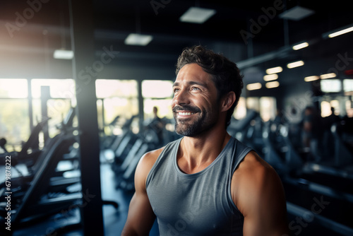 Portrait of young smiling muscular man in gym. Healthy lifestyle. sport concept © zamuruev