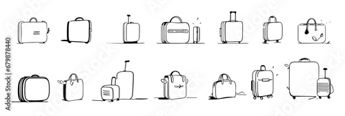 A set of travel bags isolated on a white background. Travel luggage black icon. The concept of a travel suitcase and a sign for an airport. Vector set - bags illustrations.