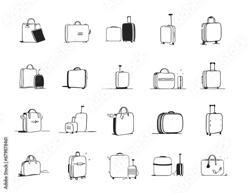 Travel bag collection, sketch, monochrome illustration. Travel luggage black icon. The concept of a travel suitcase and a sign for an airport. Minimal flat style icons. Vector isolated on white.