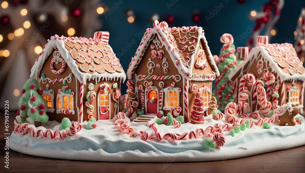 A whimsical scene of gingerbread houses with candy cane fences and gumdrop decorations. Generative AI