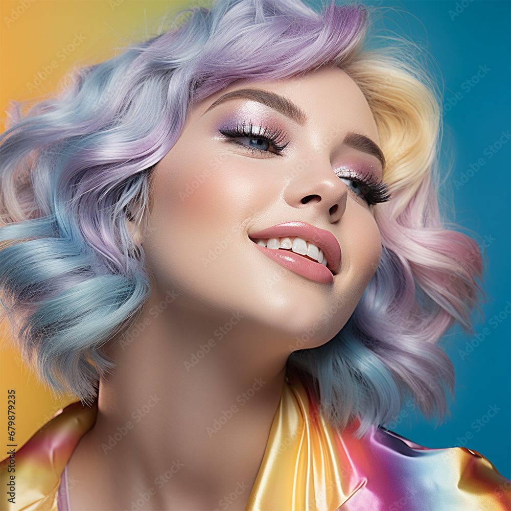 Close-Up of an Young Woman with Rainbow-Colored Glossy Makeup Smiling and Giggling Close-Up of an Young Woman with Rainbow-Colored Glossy Makeup Smiling and Giggling