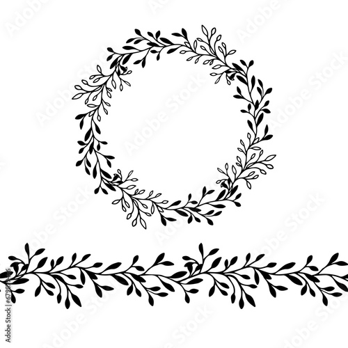 Floral simple leaves wreath Hand drawn line wedding herb seamless boarder with leaves for invitation save the date card. Botanical rustic vector illustration, trendy greenery