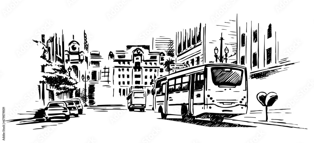 Hand held vector illustration of urban scene. Art in simple and stripped lines.