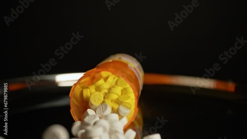 Prescription pills fall on the table from the bottle in slow motion. Pharmaceutical opioid painkillers crisis in America. Narcotic abuse adn addiction overdoses.  Macro close up shot. photo