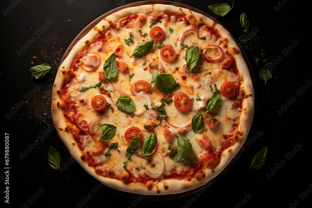 Pizza with mozzarella cheese and tomato sauce on black background